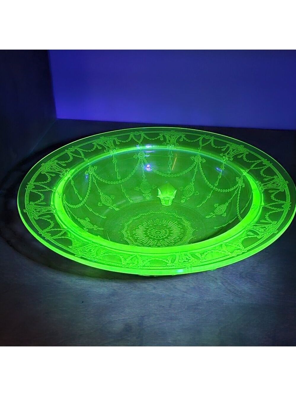 Uranium Glass 3 Footed Antique Bowl Depression Glass Green Large 11 Inches WOW!